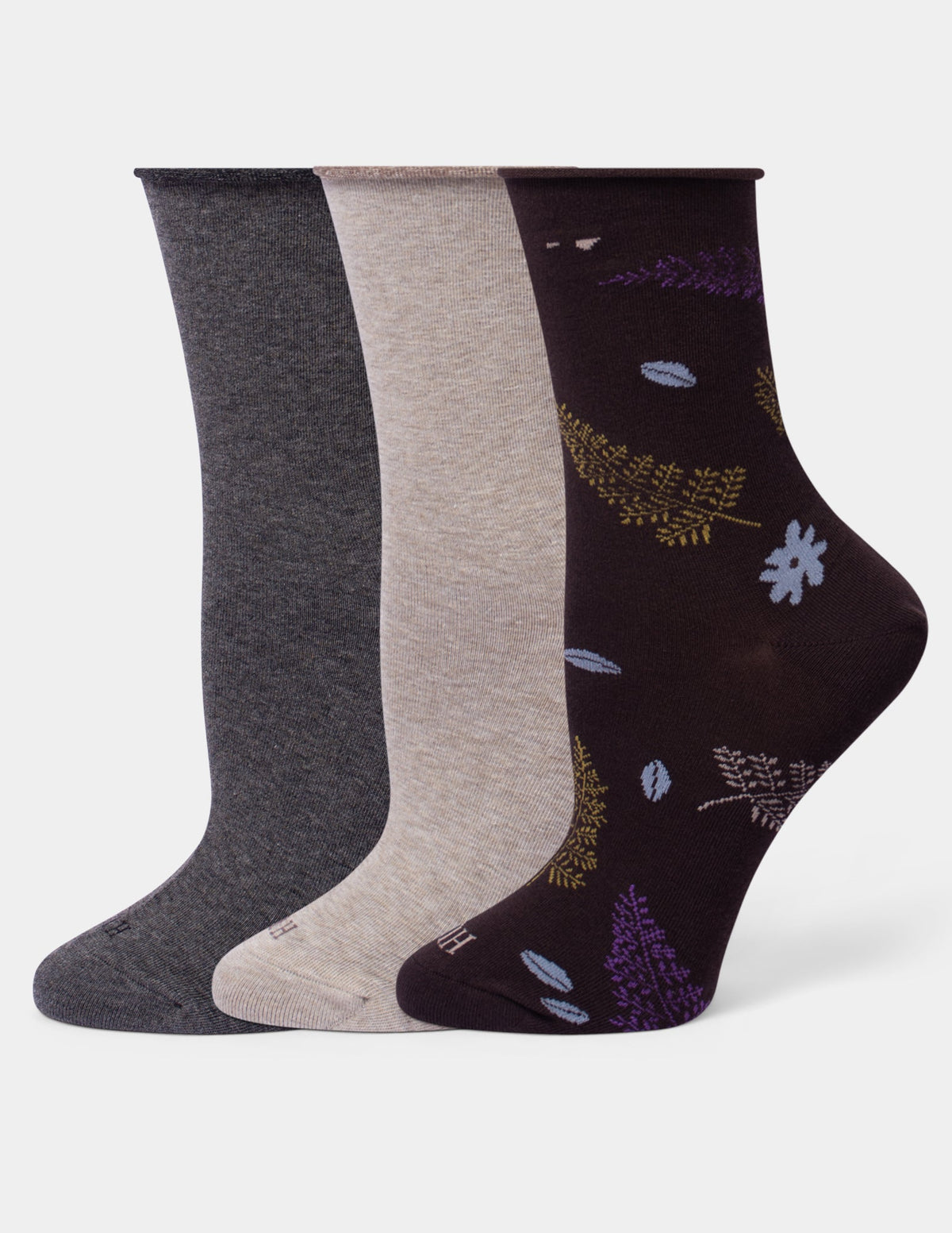 Hue Cropped Jean Socks 3 Pair Pack - Brown Leaves