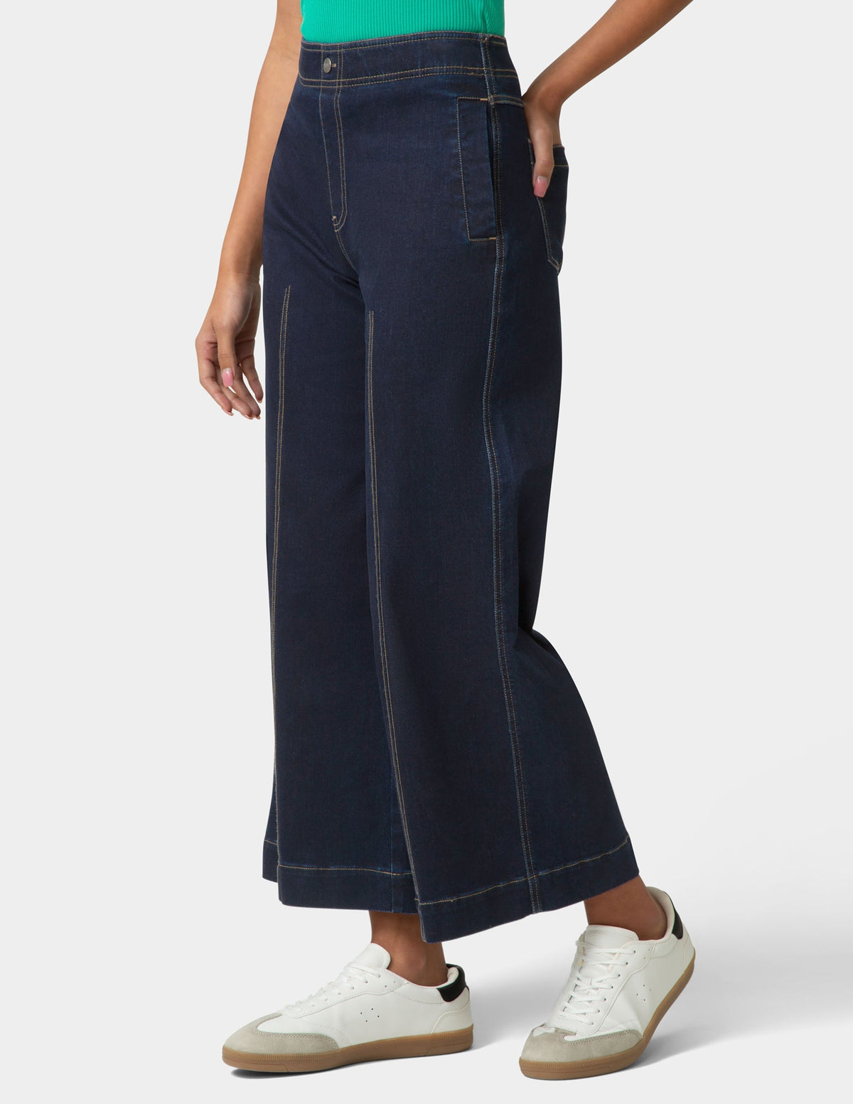Hue Fine Lines Denim Crop Wide Leg Pant - Black Indigo Wash