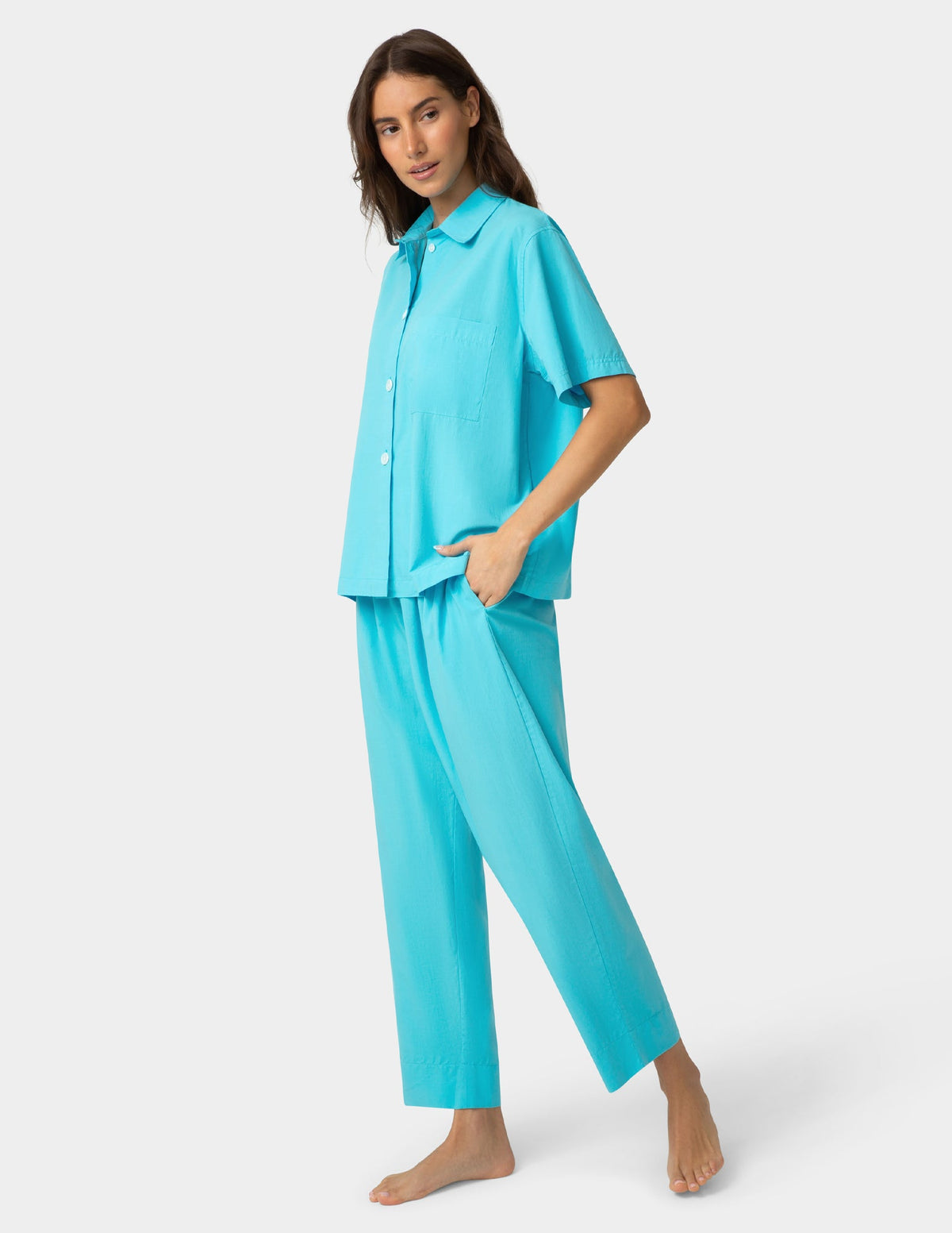 Hue Short Sleeve Poplin Camp PJ Top - Blue Mist