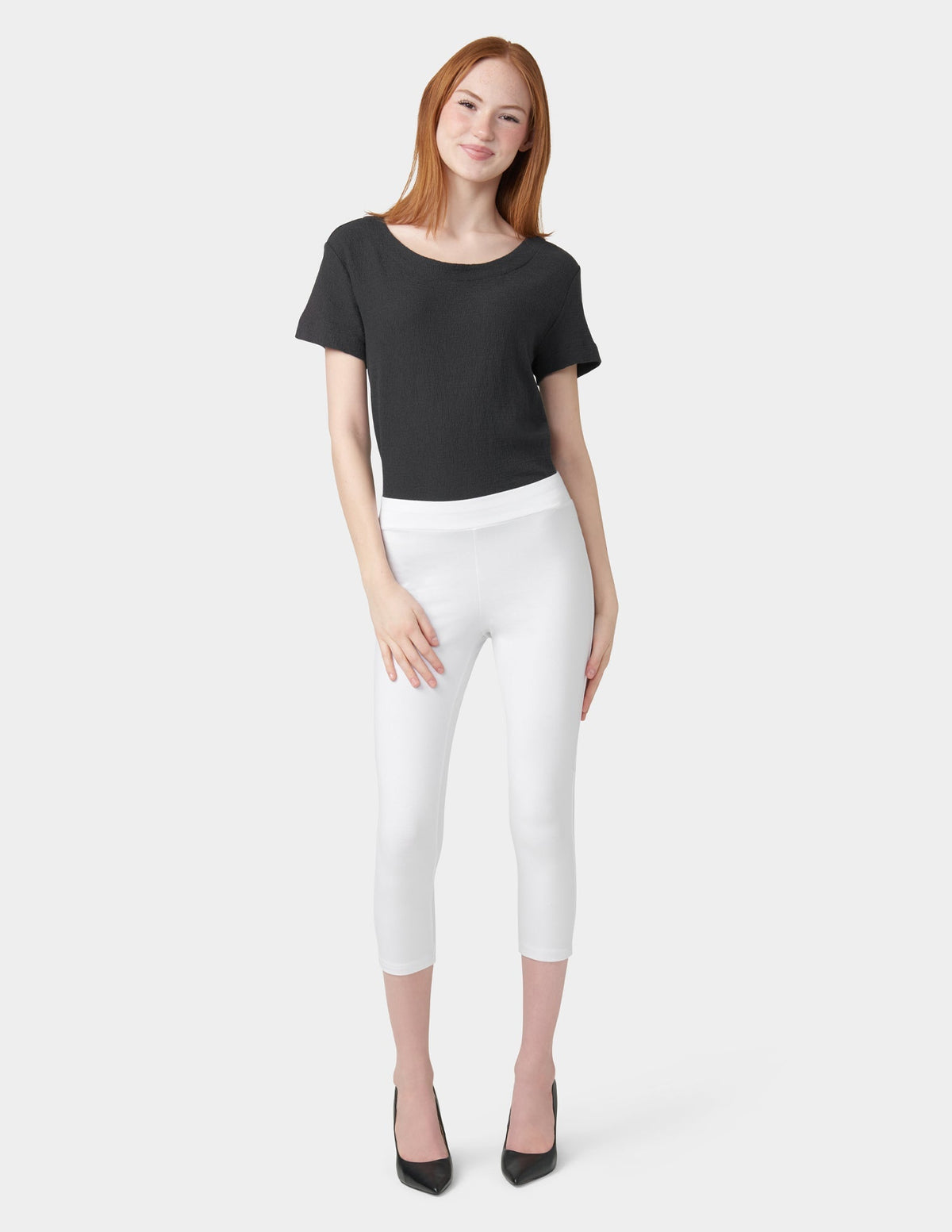 Hue Wide Waistband Blackout Cotton Capri - White