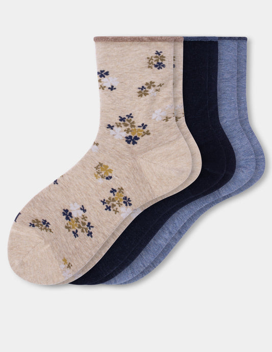 Hue Cropped Jeans Sock 3 Pair Pack - Oatmeal Ditsy