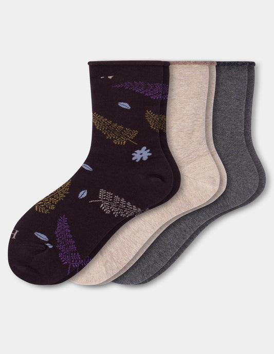 Hue Cropped Jean Socks 3 Pair Pack - Brown Leaves