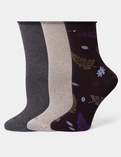 Hue Cropped Jean Socks 3 Pair Pack - Brown Leaves