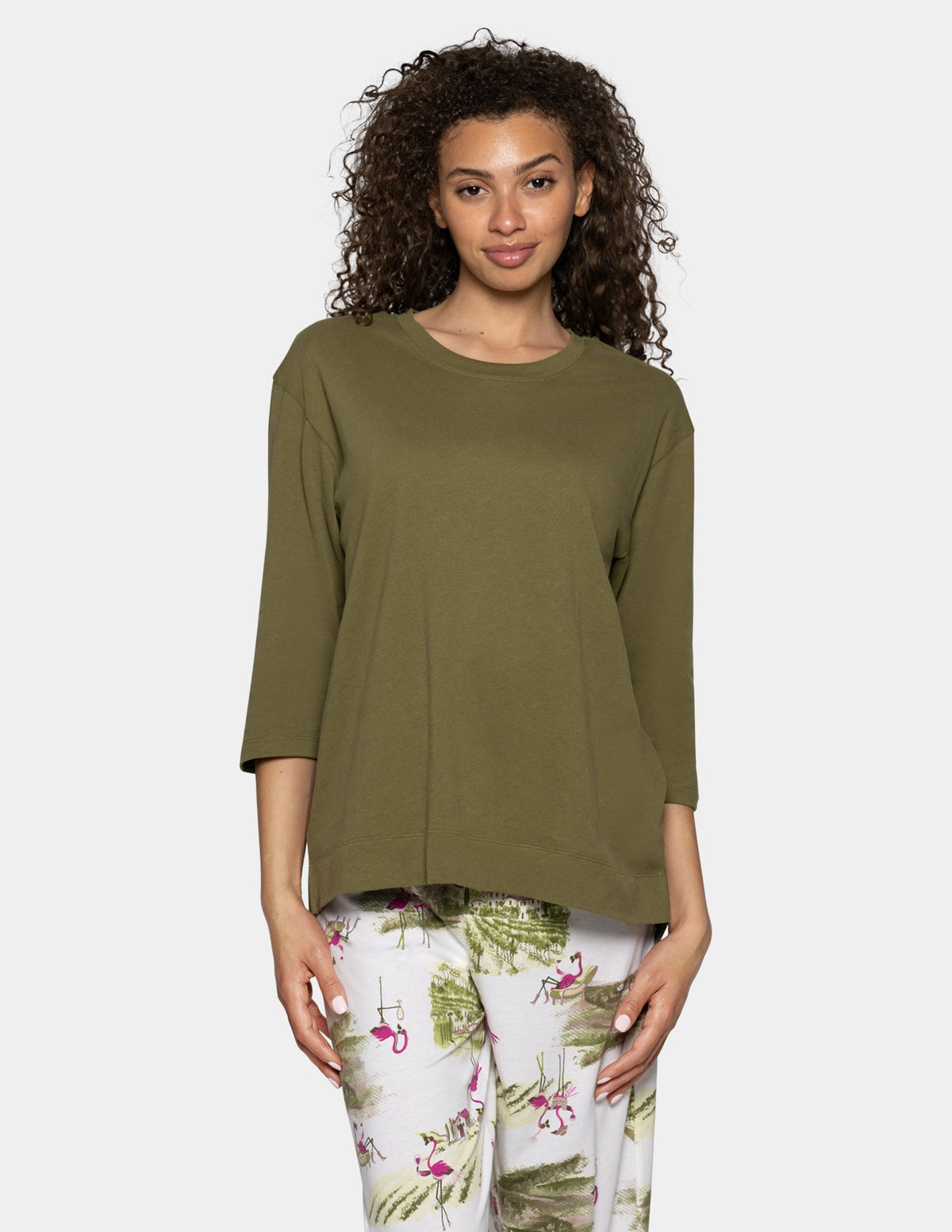 Hue 3/4 Sleeve Cotton Candied Boxy PJ Tee - Shrub Green