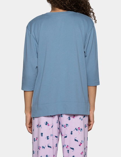 Hue 3/4 Sleeve Cotton Candied Boxy PJ Tee - Blue Heaven