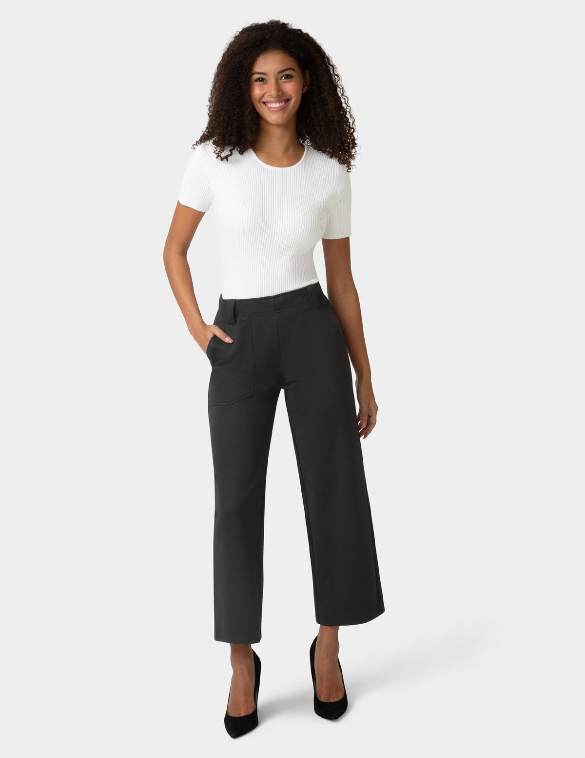 Hue Textured Cropped Wide Leg Pant - Black