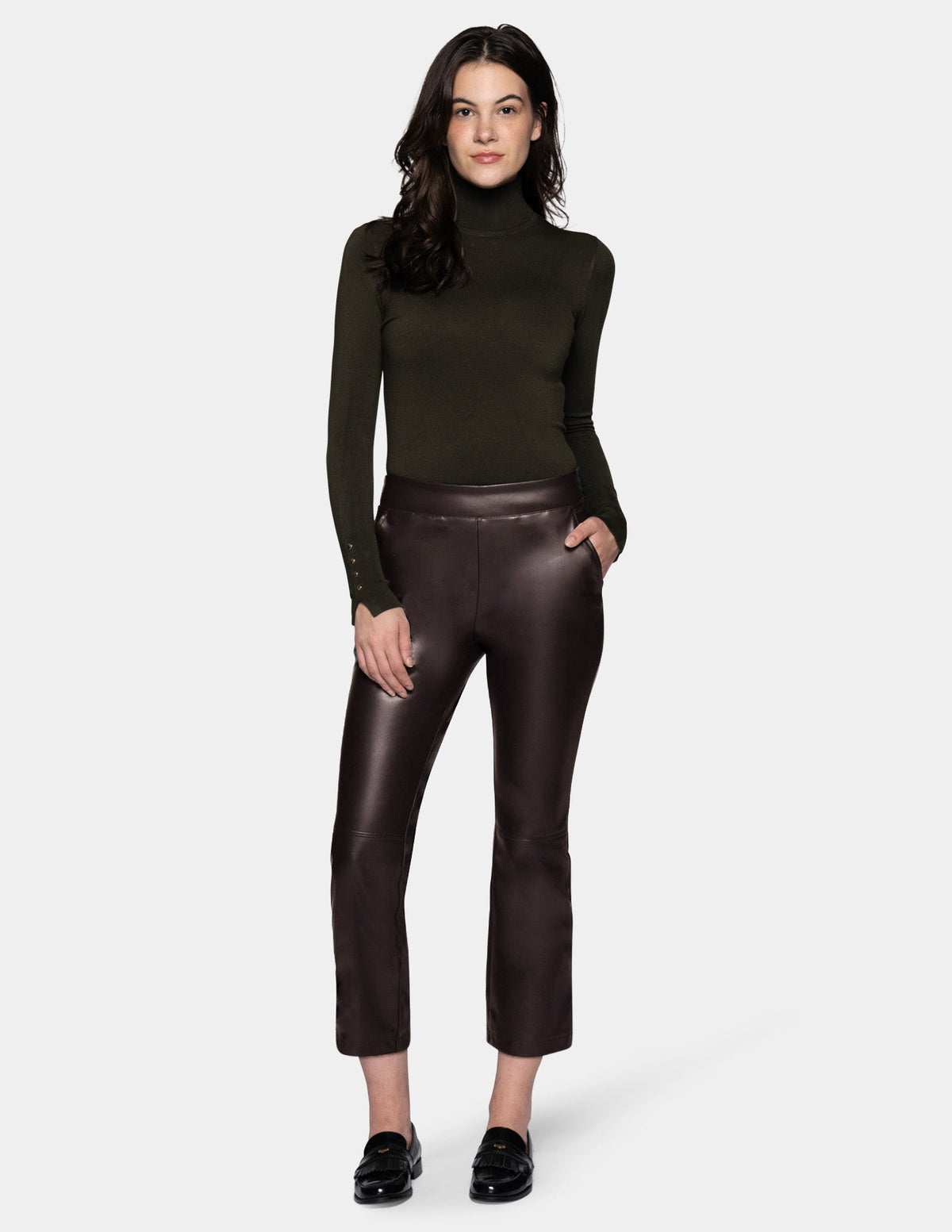 Hue Leatherette Cropped Baby Bootcut Legging - Black Coffee