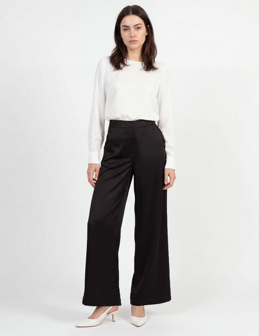 Hue Satin Wide Leg Pant - Black