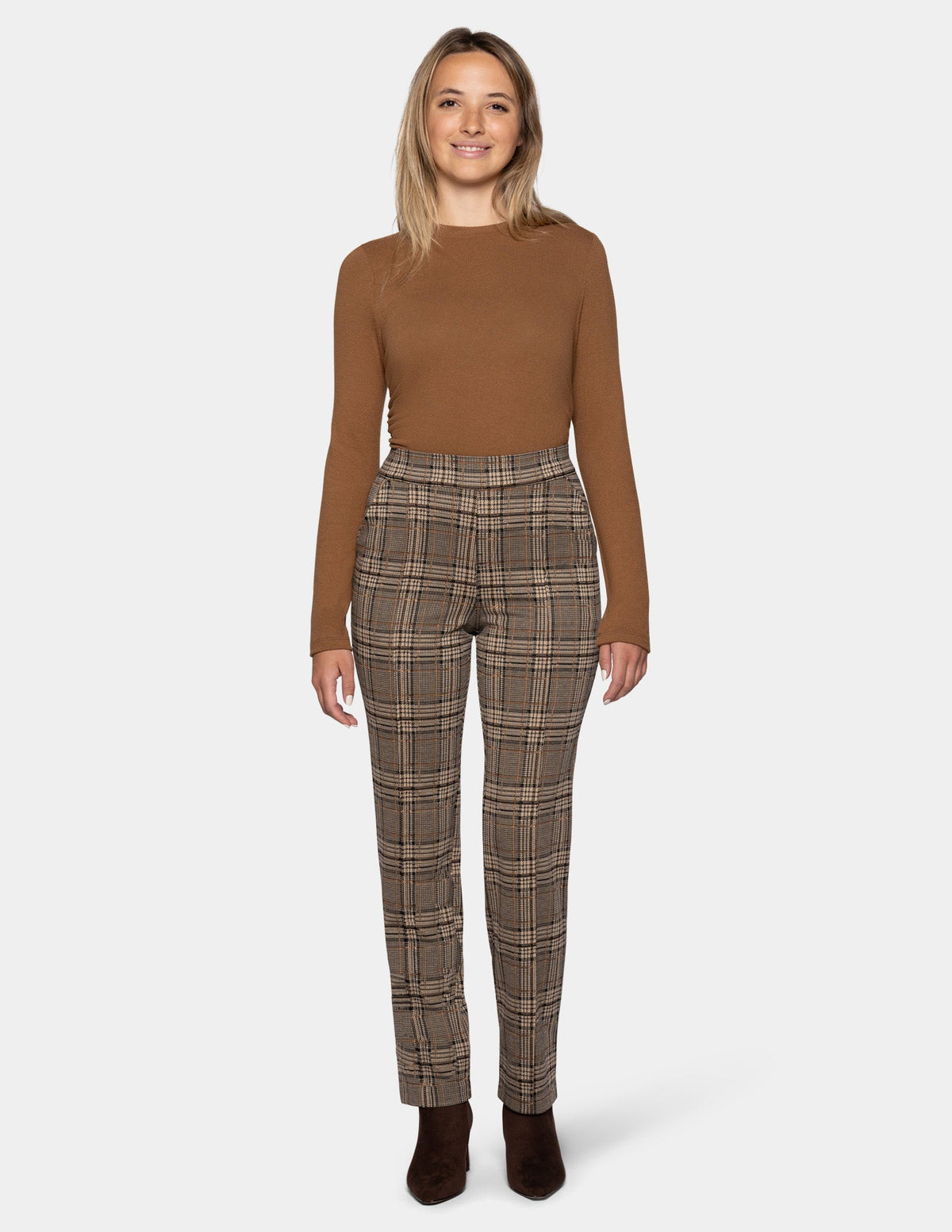 Hue Plaid Pull-On Trouser - Brown