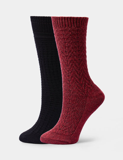 Hue Textured Wool Blend Crew 2 Pair Pack - Red Heather