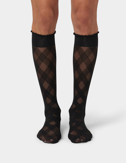 Hue Diagonal Gingham Knee High - Black