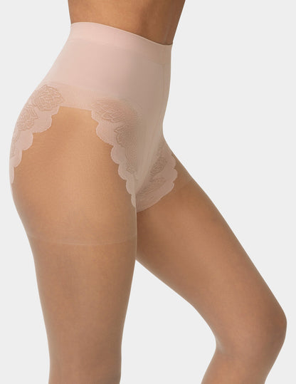 Hue French Lace Control Top Pantyhose - Almond Blossom