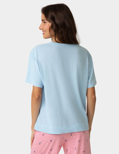 Hue Short Sleeve Cotton Candied Boxy PJ Tee - Blue Frost