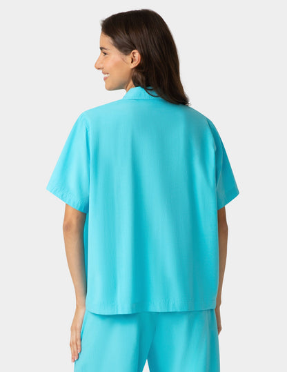 Hue Short Sleeve Poplin Camp PJ Top - Blue Mist