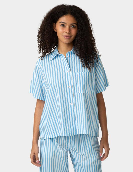 Hue Short Sleeve Poplin Camp PJ Top - Azure Blue