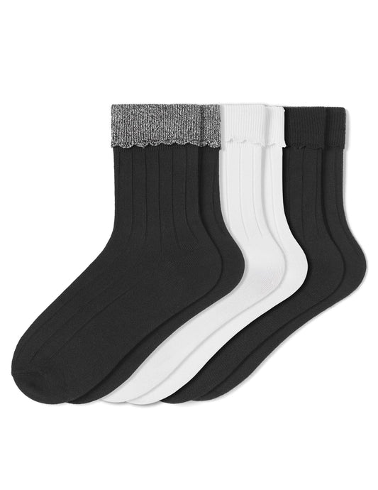 Hue Scalloped Turncuff Sock 3 Pair Pack - Black/White